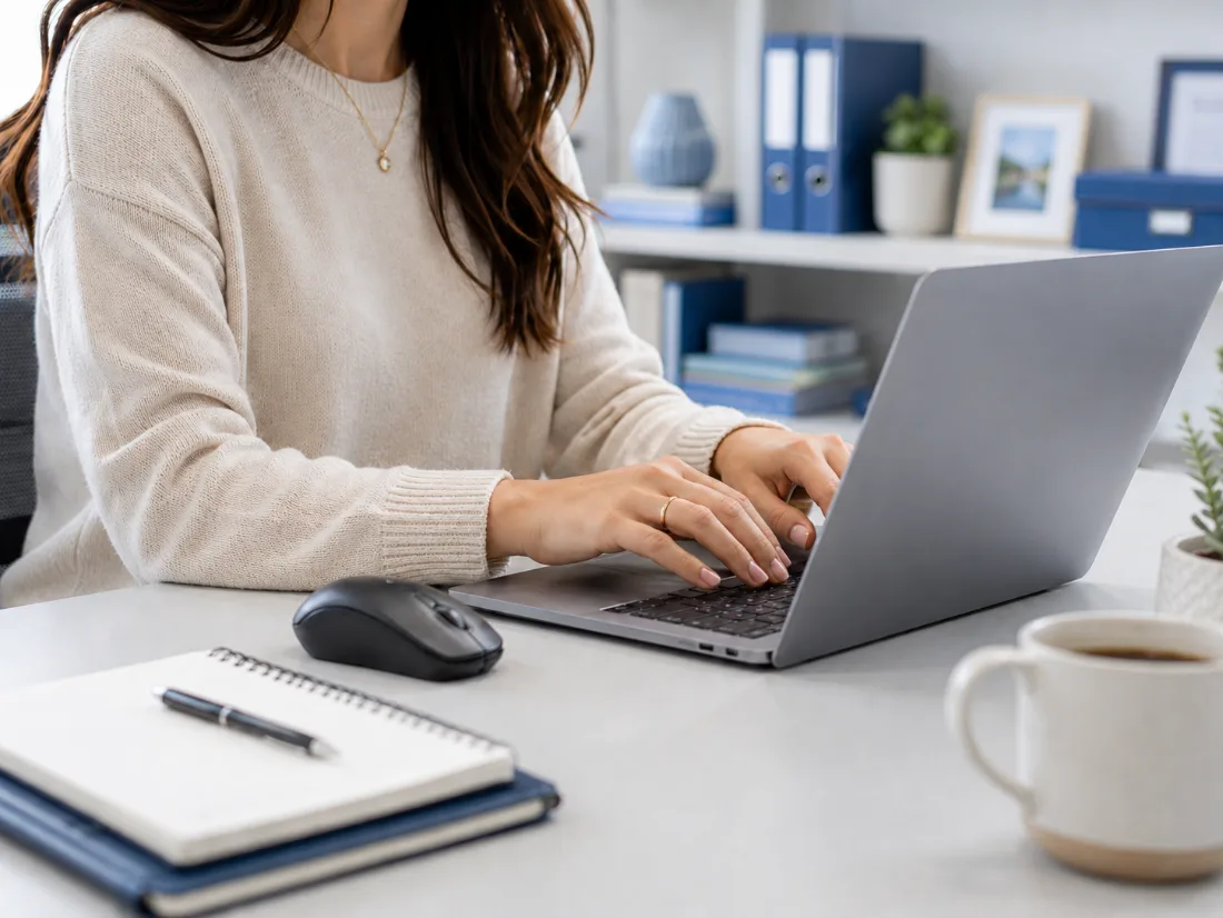 A consultant typing at a laptop with a notebook, pen and coffee on a bright desk