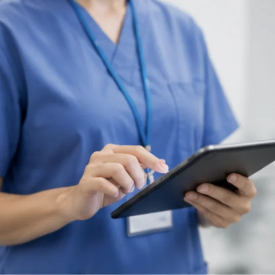 A clinician reviewing system information on a tablet