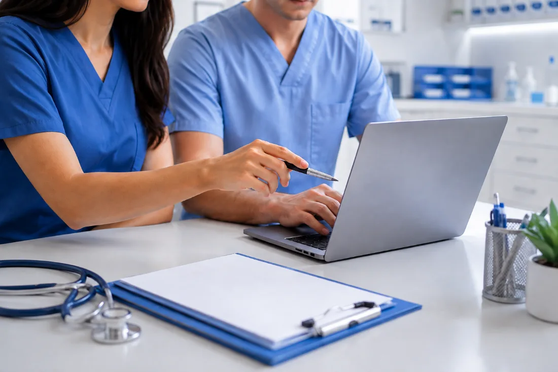 Two clinicians reviewing records together on a laptop at a clinic desk