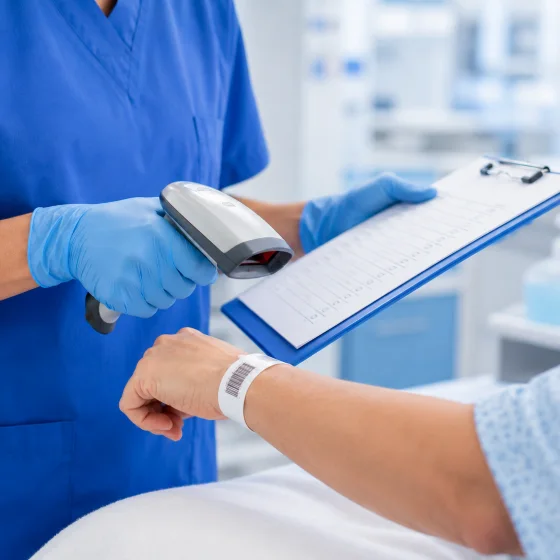 A clinician scanning a patient wristband against a chart