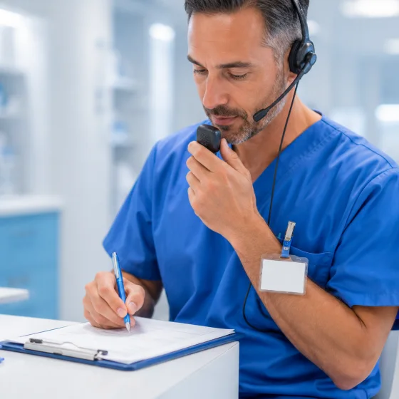 A clinician in scrubs with a headset taking notes on a patient chart