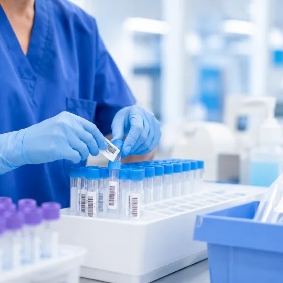 A laboratory technician labelling specimen tubes with barcoded records