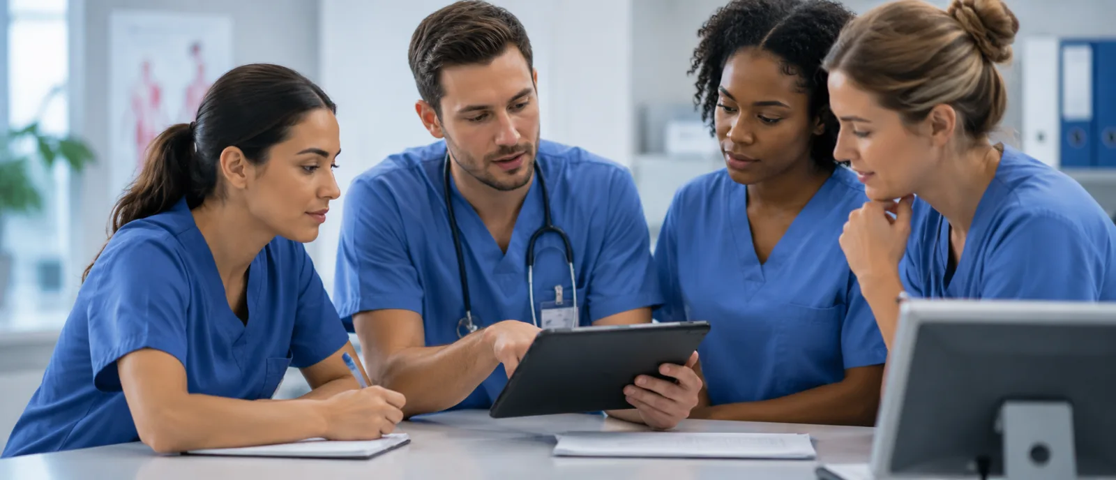 Four clinicians in scrubs reviewing patient information together on a tablet
